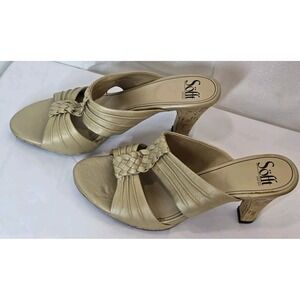 Sofft Women's Leather Open Toe Cork Heel Light Brown Beige Size 8M